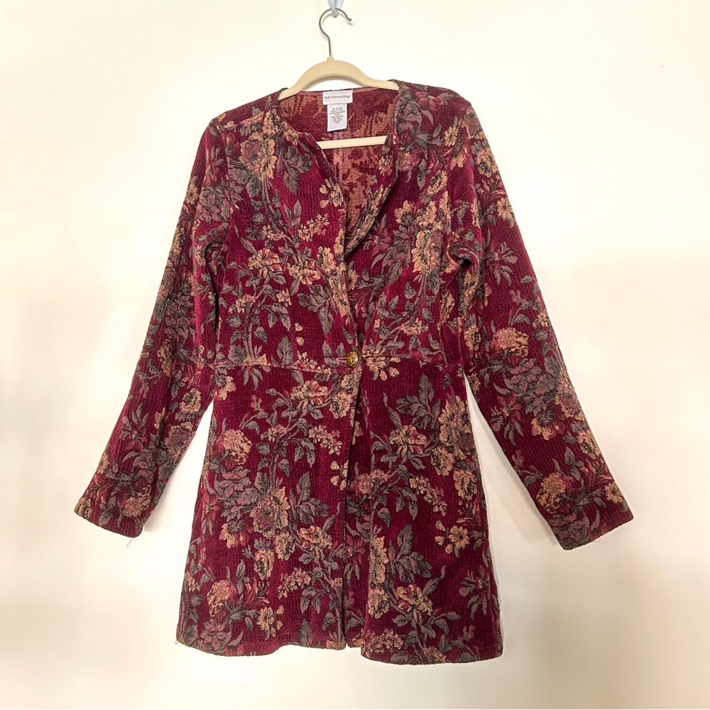 Soft Surroundings floral tapestry button jacket carpet jacquard coat burgundy - Picture 2 of 6